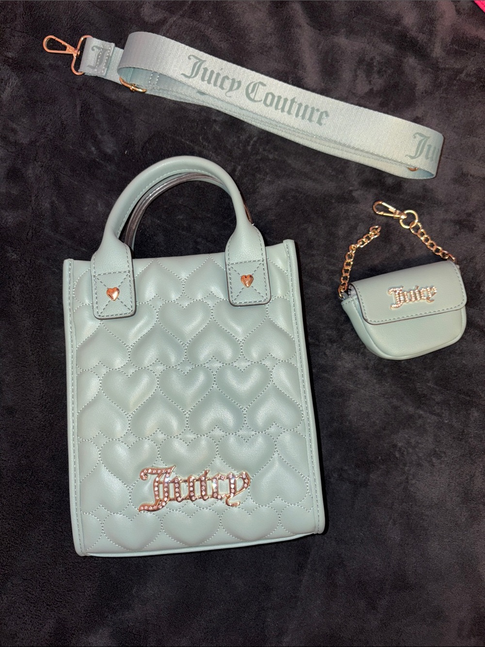 Juicy Couture Mint Quilted Heart Mini Tote with Detachable Strap and Coin Pouch